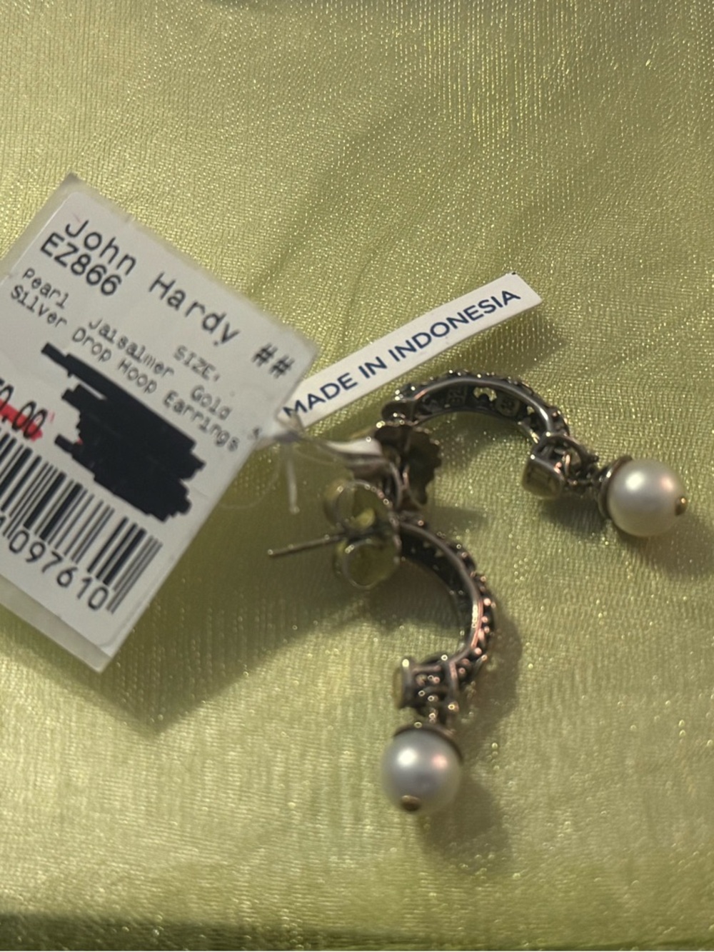 John Hardy 925 Silver-Gold 18k Jalsalmer Hoop Earrings with White Pearl Drops - Picture 2 of 9